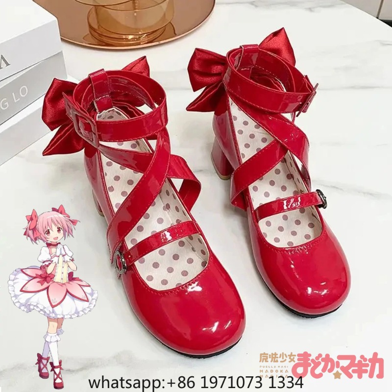 Cosplay Floating Prop - อะนิเมะสาวน้อยเวทมนตร์ มาโดกะ มาจิก้า คานาเมะ มาโดกะคอสเพลย์รองเท้าสาวโลลิต้าสีแดงโบว์รองเท้าส้นสูงรองเท้าหนังฮาโลวีนเครื่องแต่งกายอุปกรณ์ประกอบฉาก