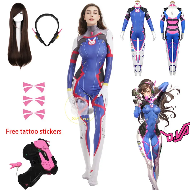 Dva Cosplay Prop - DVA ชุดบอดี้สูทชุดคอสเพลย์ผู้หญิงชุดจัมพ์สูทเซ็กซี่สำหรับผู้หญิงเกม DVA วิกผมหูฟังของเล่นชุดปาร์ตี้ฮาโลวีน